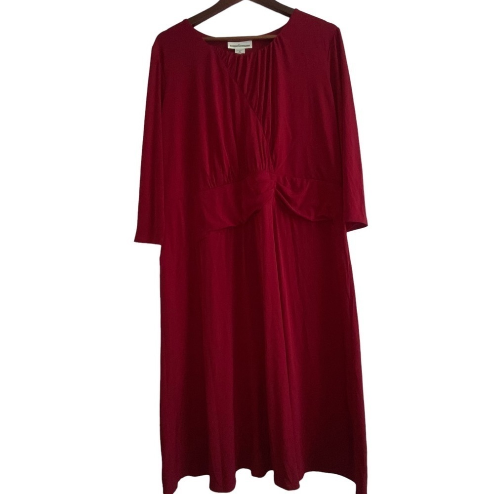 Serengeti Catalog Burgundy Knit Stretch Ruched 3/4 Sleeve Midi Dress Size XL